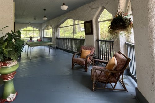 The porch at Wildwood Springs lodge in Steelville, MO. You can feel the cool breezes and the cares of the world melt away.